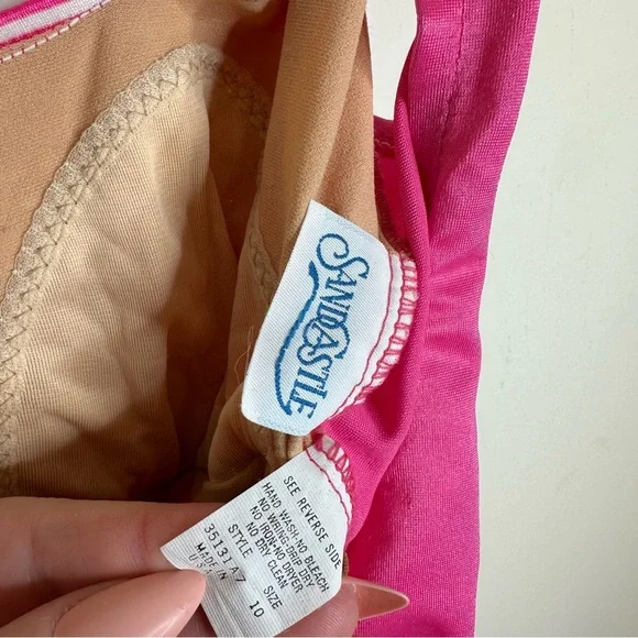 Vintage Retro Barbie Hot Pink Striped One Piece Swimsuit - Picture 5 of 9